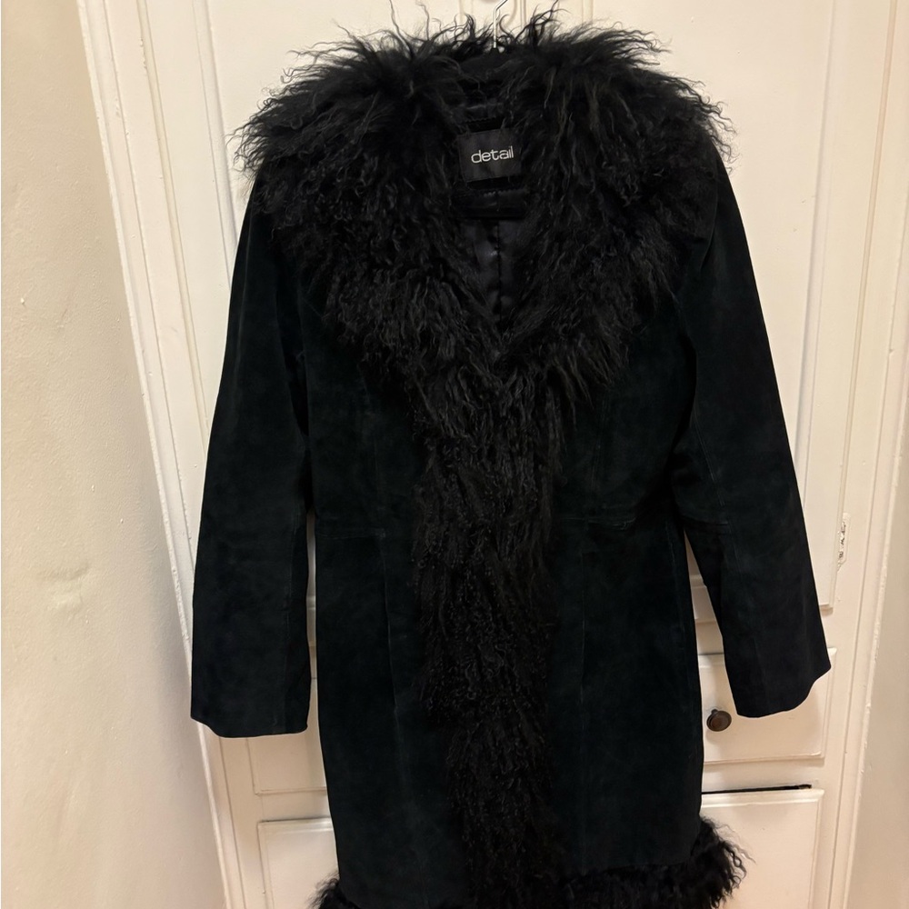 Vintage Black suede Mongolian fur trim penny lane coat